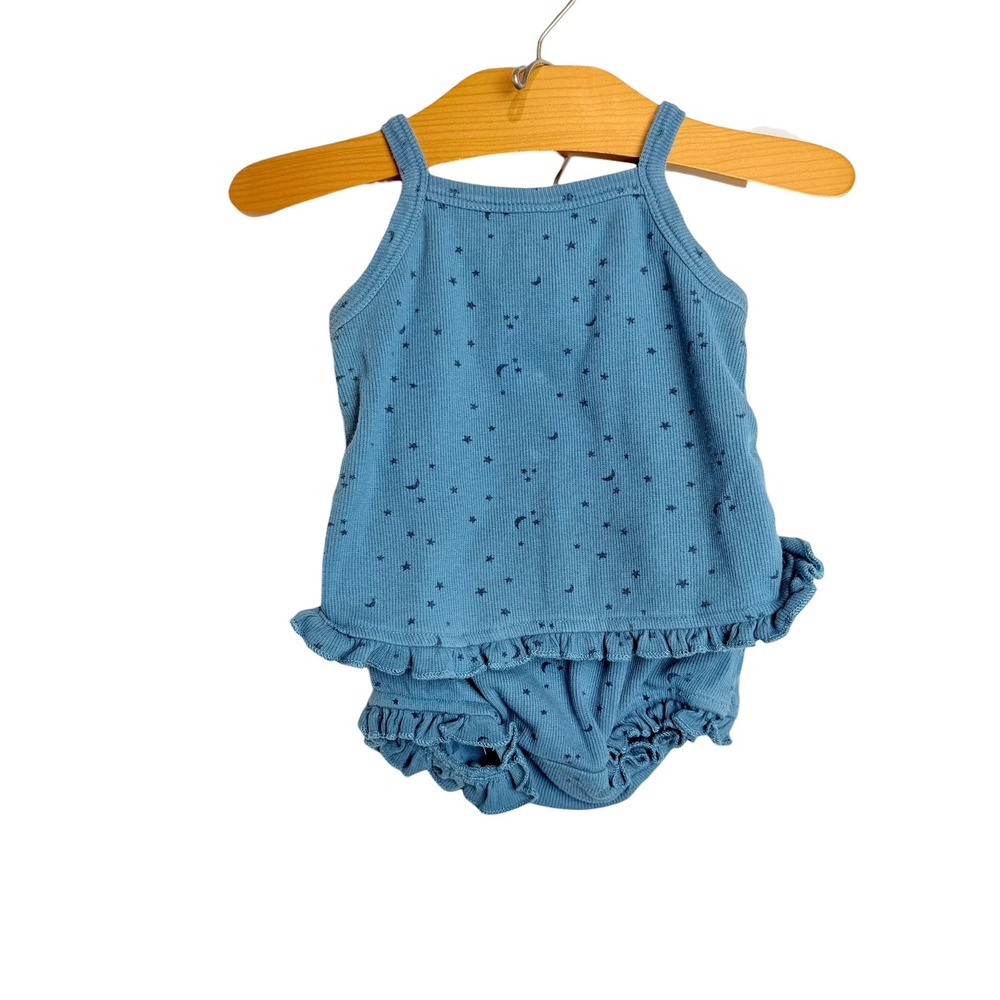 Kate Quinn Organic Cotton Rib Star Moon Ruffle Cami and Bloomer Set Blue 3-6M